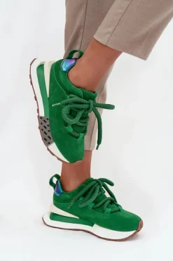 Sale Zamszowe Sneakersy Damskie Na Platformie Z Grubym Sznurowaniem 55C0136 Zielone Damskie Buty Sportowe Na Platformie|Półbuty Skórzane