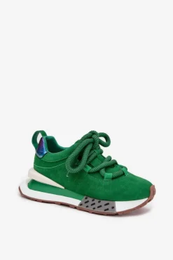 Sale Zamszowe Sneakersy Damskie Na Platformie Z Grubym Sznurowaniem 55C0136 Zielone Damskie Buty Sportowe Na Platformie|Półbuty Skórzane