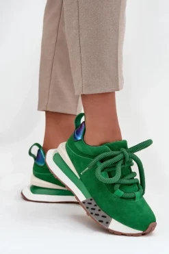 Sale Zamszowe Sneakersy Damskie Na Platformie Z Grubym Sznurowaniem 55C0136 Zielone Damskie Buty Sportowe Na Platformie|Półbuty Skórzane
