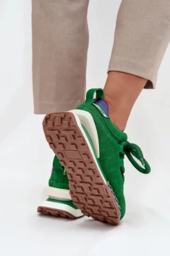 Sale Zamszowe Sneakersy Damskie Na Platformie Z Grubym Sznurowaniem 55C0136 Zielone Damskie Buty Sportowe Na Platformie|Półbuty Skórzane