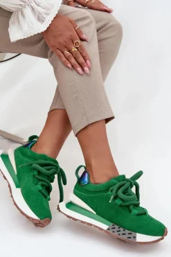Sale Zamszowe Sneakersy Damskie Na Platformie Z Grubym Sznurowaniem 55C0136 Zielone Damskie Buty Sportowe Na Platformie|Półbuty Skórzane