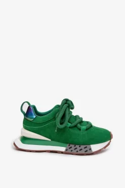 Sale Zamszowe Sneakersy Damskie Na Platformie Z Grubym Sznurowaniem 55C0136 Zielone Damskie Buty Sportowe Na Platformie|Półbuty Skórzane