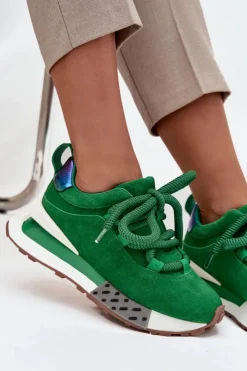 Sale Zamszowe Sneakersy Damskie Na Platformie Z Grubym Sznurowaniem 55C0136 Zielone Damskie Buty Sportowe Na Platformie|Półbuty Skórzane