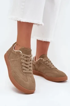 Online Big Star Shoes Zamszowe Sneakersy Damskie Big Star SS274675 HI-POLY SYSTEM Beżowe Beżowy