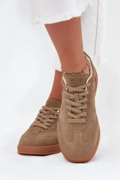 Online Big Star Shoes Zamszowe Sneakersy Damskie Big Star SS274675 HI-POLY SYSTEM Beżowe Beżowy