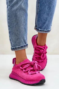 Outlet Zamszowe Sneakersy Damskie Z Grubym Sznurowaniem 54C1461 Fuksja Damskie Buty Sportowe Na Platformie