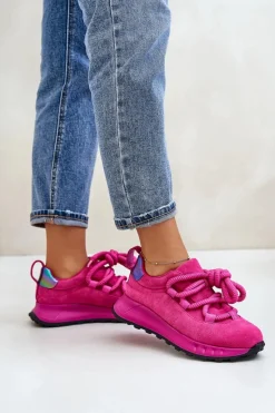 Outlet Zamszowe Sneakersy Damskie Z Grubym Sznurowaniem 54C1461 Fuksja Damskie Buty Sportowe Na Platformie