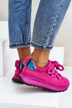 Outlet Zamszowe Sneakersy Damskie Z Grubym Sznurowaniem 54C1461 Fuksja Damskie Buty Sportowe Na Platformie