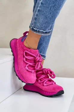 Outlet Zamszowe Sneakersy Damskie Z Grubym Sznurowaniem 54C1461 Fuksja Damskie Buty Sportowe Na Platformie