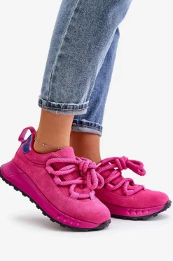 Outlet Zamszowe Sneakersy Damskie Z Grubym Sznurowaniem 54C1461 Fuksja Damskie Buty Sportowe Na Platformie