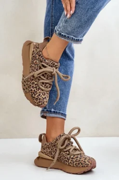 Clearance Zamszowe Sneakersy Damskie Na Platformie Z Grubym Sznurowaniem Panterka Artiker 55C0135 Brązowe Damskie Buty Sportowe Na Platformie