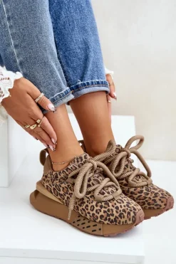 Clearance Zamszowe Sneakersy Damskie Na Platformie Z Grubym Sznurowaniem Panterka Artiker 55C0135 Brązowe Damskie Buty Sportowe Na Platformie