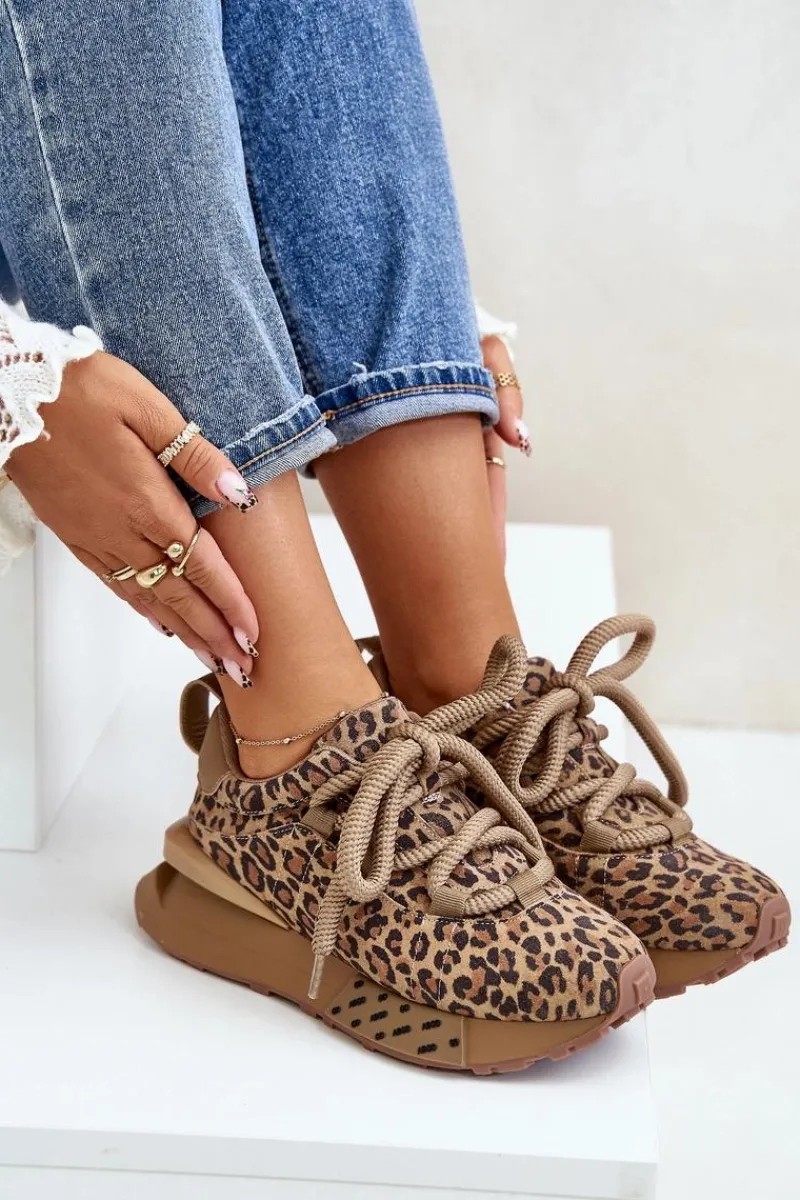 Clearance Zamszowe Sneakersy Damskie Na Platformie Z Grubym Sznurowaniem Panterka Artiker 55C0135 Brązowe Damskie Buty Sportowe Na Platformie