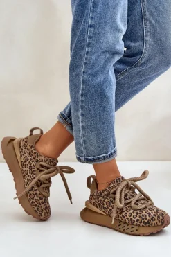 Clearance Zamszowe Sneakersy Damskie Na Platformie Z Grubym Sznurowaniem Panterka Artiker 55C0135 Brązowe Damskie Buty Sportowe Na Platformie