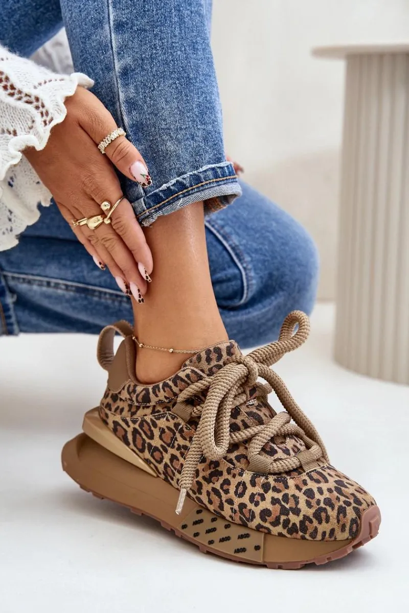 Clearance Zamszowe Sneakersy Damskie Na Platformie Z Grubym Sznurowaniem Panterka Artiker 55C0135 Brązowe Damskie Buty Sportowe Na Platformie