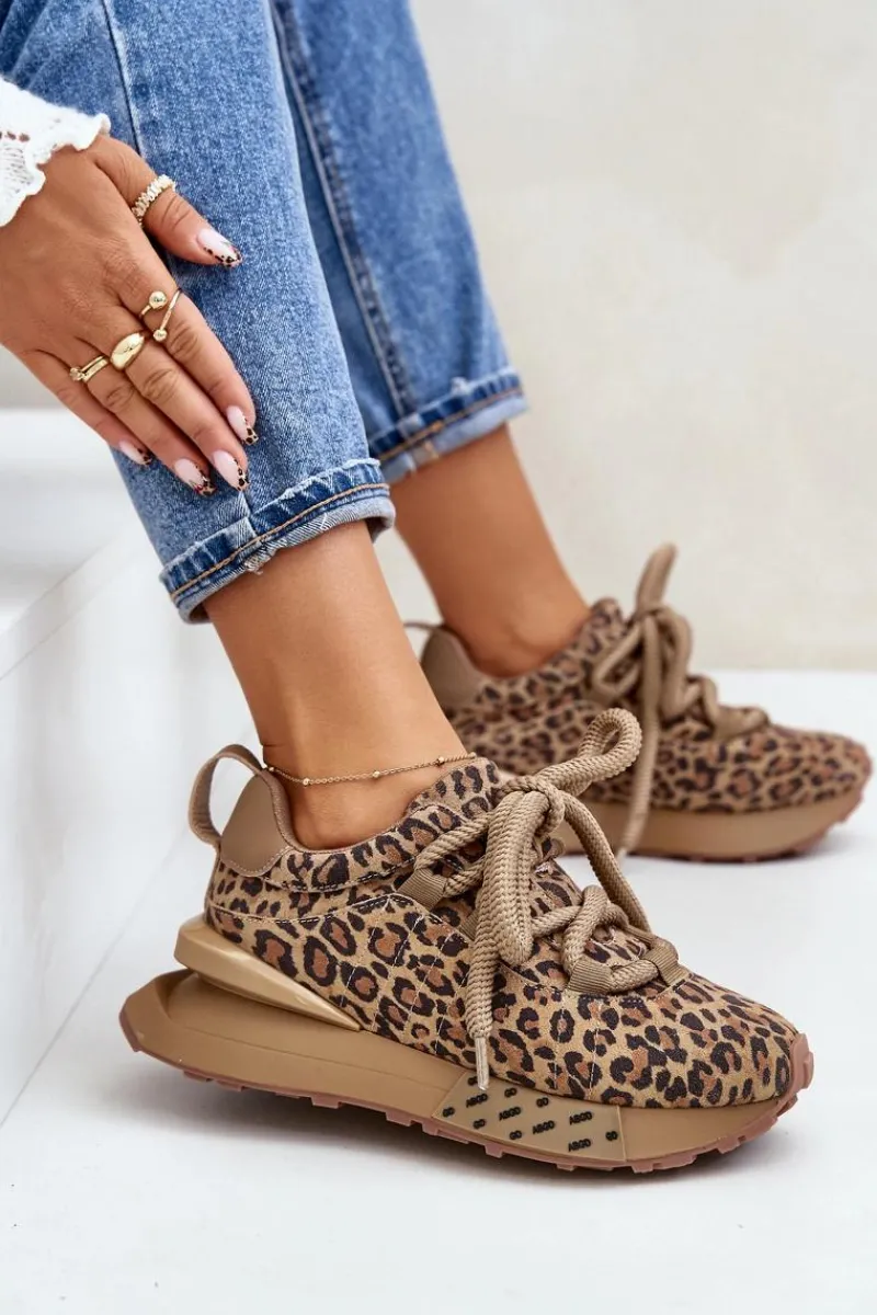Clearance Zamszowe Sneakersy Damskie Na Platformie Z Grubym Sznurowaniem Panterka Artiker 55C0135 Brązowe Damskie Buty Sportowe Na Platformie