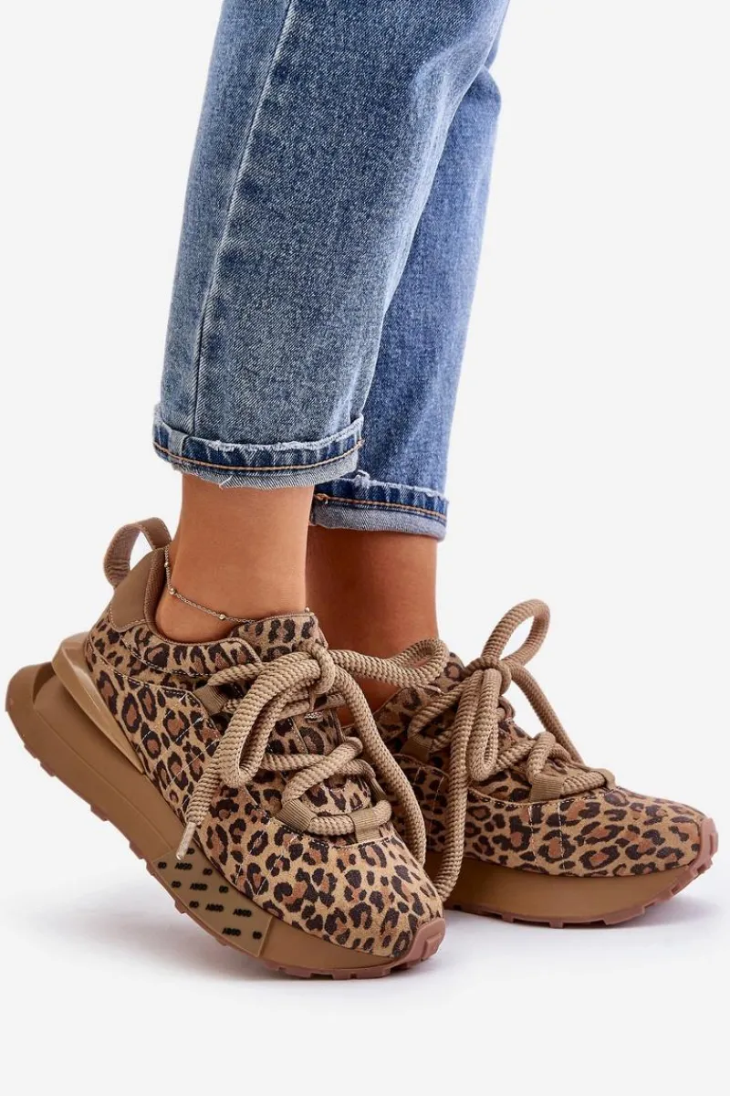 Clearance Zamszowe Sneakersy Damskie Na Platformie Z Grubym Sznurowaniem Panterka Artiker 55C0135 Brązowe Damskie Buty Sportowe Na Platformie
