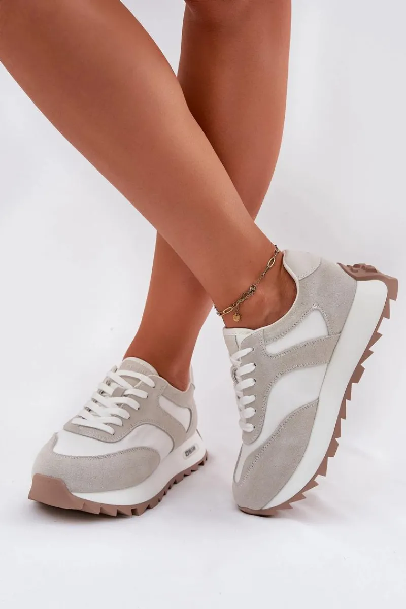 Online Zamszowe Sneakersy Na Platformie Damskie Big Star RR274896 HI-POLY SYSTEM Biało-Szare Damskie Buty Sportowe Big Star|Sneakersy Damskie