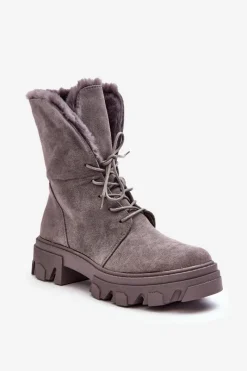 Clearance Zamszowe Sznurowane Botki Workery Z Futerkiem Szare Frendo Damskie Botki Sznurowane|Czarne Botki
