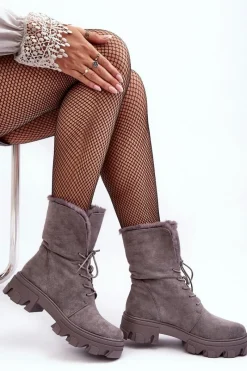 Clearance Zamszowe Sznurowane Botki Workery Z Futerkiem Szare Frendo Damskie Botki Sznurowane|Czarne Botki