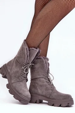Clearance Zamszowe Sznurowane Botki Workery Z Futerkiem Szare Frendo Damskie Botki Sznurowane|Czarne Botki