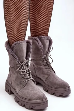 Clearance Zamszowe Sznurowane Botki Workery Z Futerkiem Szare Frendo Damskie Botki Sznurowane|Czarne Botki