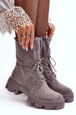 Clearance Zamszowe Sznurowane Botki Workery Z Futerkiem Szare Frendo Damskie Botki Sznurowane|Czarne Botki