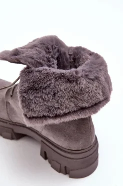 Clearance Zamszowe Sznurowane Botki Workery Z Futerkiem Szare Frendo Damskie Botki Sznurowane|Czarne Botki