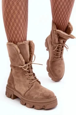 Online Zamszowe Sznurowane Botki Workery Z Futerkiem Ciemnobeżowe Frendo Damskie Botki Sznurowane|Czarne Botki