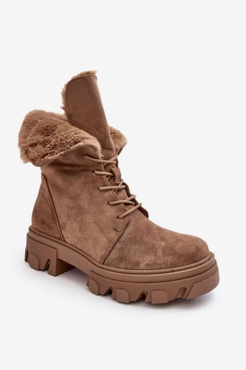 Online Zamszowe Sznurowane Botki Workery Z Futerkiem Ciemnobeżowe Frendo Damskie Botki Sznurowane|Czarne Botki