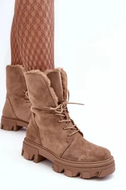 Online Zamszowe Sznurowane Botki Workery Z Futerkiem Ciemnobeżowe Frendo Damskie Botki Sznurowane|Czarne Botki