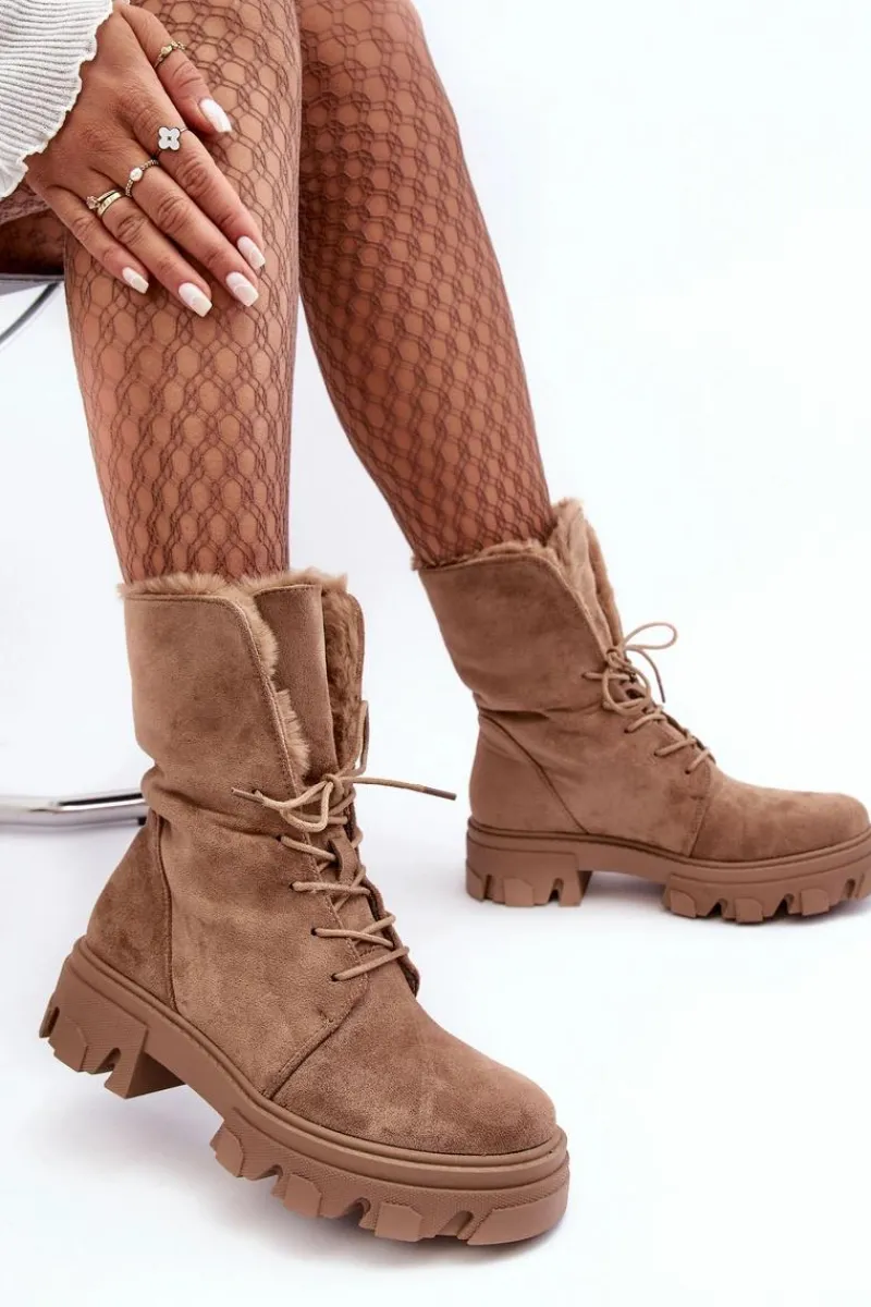 Online Zamszowe Sznurowane Botki Workery Z Futerkiem Ciemnobeżowe Frendo Damskie Botki Sznurowane|Czarne Botki