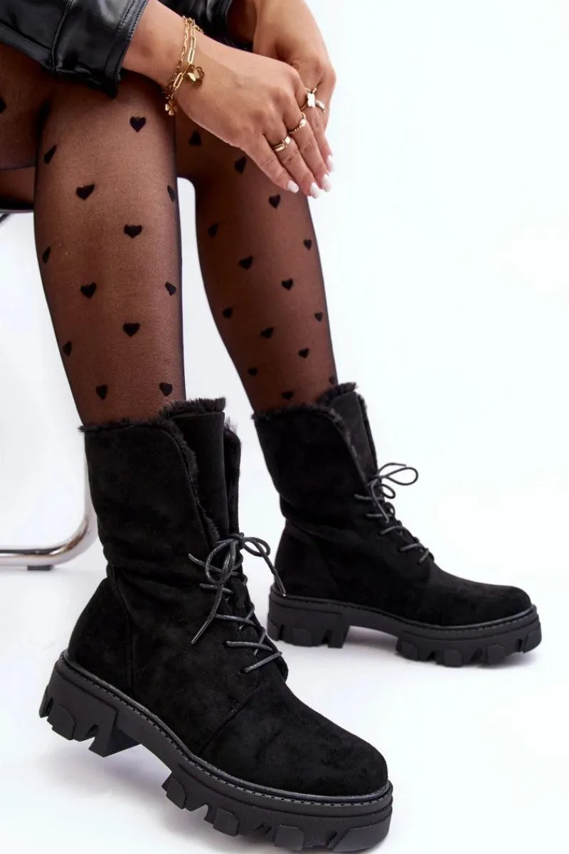 Outlet Boto Zamszowe Sznurowane Botki Workery Z Futerkiem Czarne Frendo Czarny