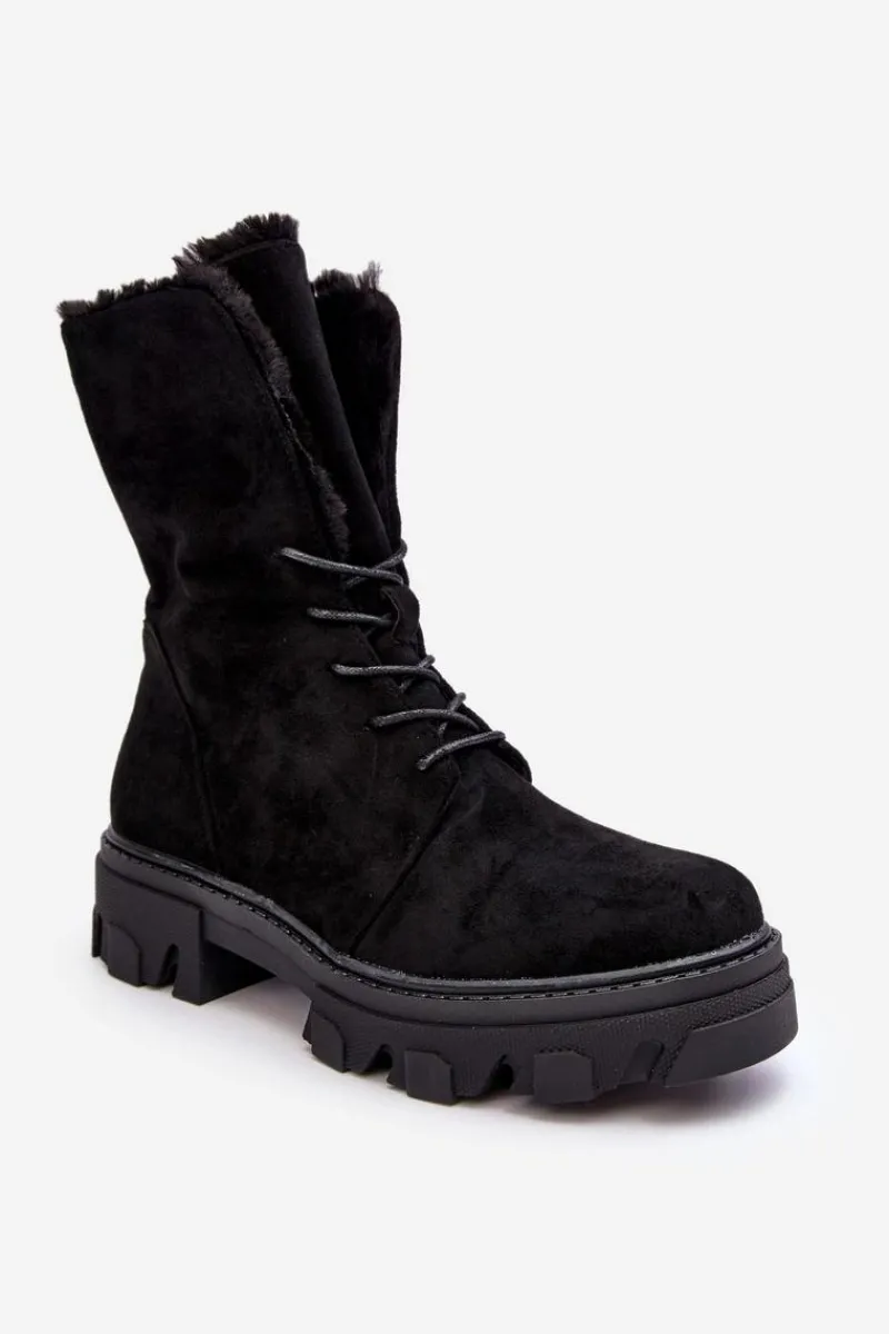 Outlet Boto Zamszowe Sznurowane Botki Workery Z Futerkiem Czarne Frendo Czarny