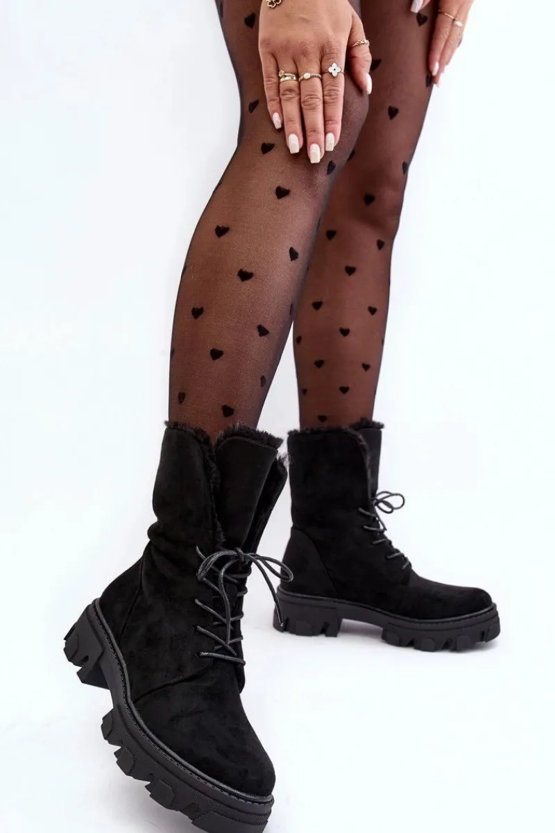 Outlet Boto Zamszowe Sznurowane Botki Workery Z Futerkiem Czarne Frendo Czarny