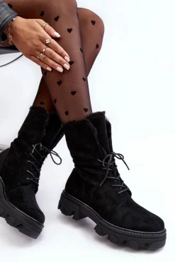 Outlet Boto Zamszowe Sznurowane Botki Workery Z Futerkiem Czarne Frendo Czarny