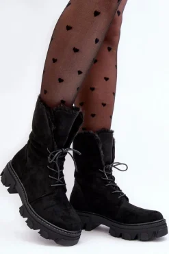 Outlet Boto Zamszowe Sznurowane Botki Workery Z Futerkiem Czarne Frendo Czarny