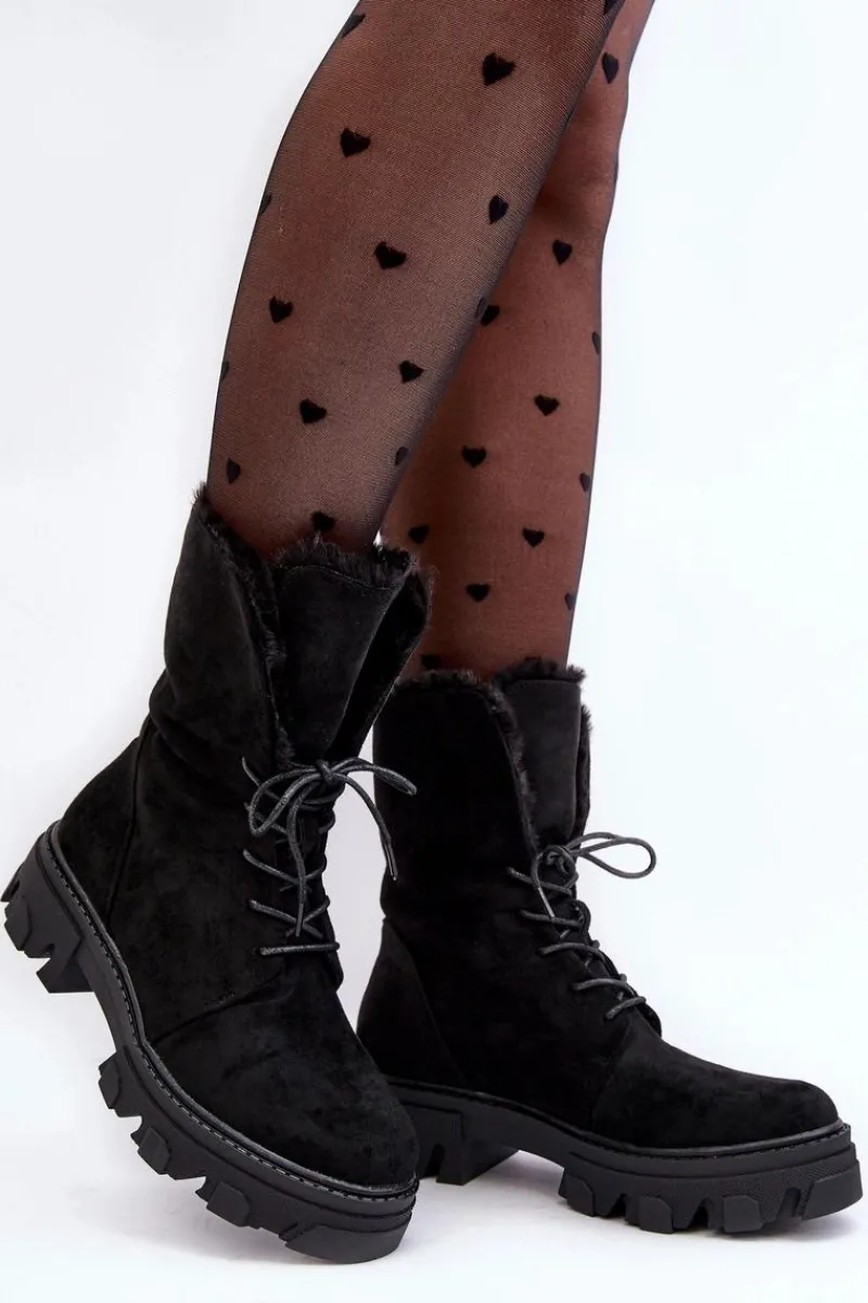 Outlet Boto Zamszowe Sznurowane Botki Workery Z Futerkiem Czarne Frendo Czarny