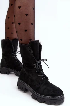 Outlet Boto Zamszowe Sznurowane Botki Workery Z Futerkiem Czarne Frendo Czarny