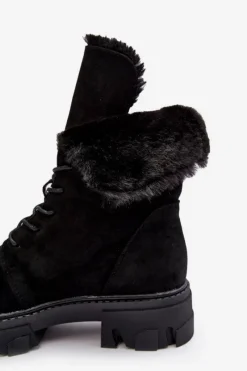 Outlet Boto Zamszowe Sznurowane Botki Workery Z Futerkiem Czarne Frendo Czarny