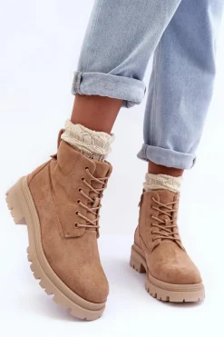 Hot Boto Zamszowe Trapery Botki Ocieplane Ciemnobeżowe Alden