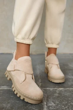 Clearance Damskie buty S.Barski Zamszowe Wiosenne Botki Trapery Na Suwak Jasnobeżowe Remgate