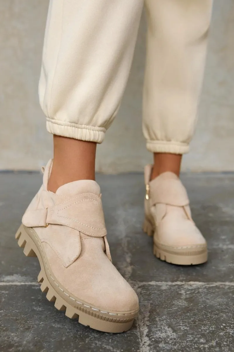 Clearance Damskie buty S.Barski Zamszowe Wiosenne Botki Trapery Na Suwak Jasnobeżowe Remgate