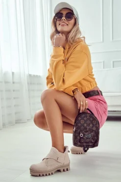 Clearance Damskie buty S.Barski Zamszowe Wiosenne Botki Trapery Na Suwak Jasnobeżowe Remgate