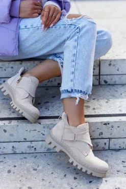 Clearance Damskie buty S.Barski Zamszowe Wiosenne Botki Trapery Na Suwak Jasnobeżowe Remgate