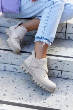 Clearance Damskie buty S.Barski Zamszowe Wiosenne Botki Trapery Na Suwak Jasnobeżowe Remgate