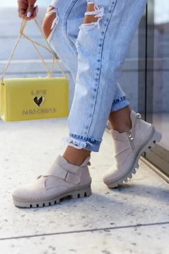 Clearance Damskie buty S.Barski Zamszowe Wiosenne Botki Trapery Na Suwak Jasnobeżowe Remgate