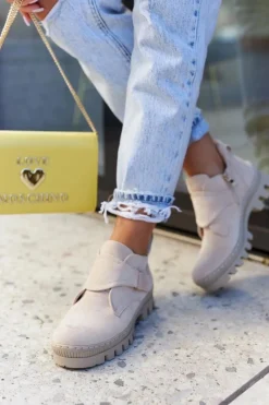 Clearance Damskie buty S.Barski Zamszowe Wiosenne Botki Trapery Na Suwak Jasnobeżowe Remgate