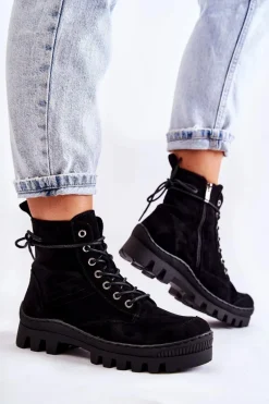 Best Zamszowe Wiosenne Botki Trapery Z Przeszyciami Czarne Layden Damskie Botki Wiosenne|Damskie Trapery