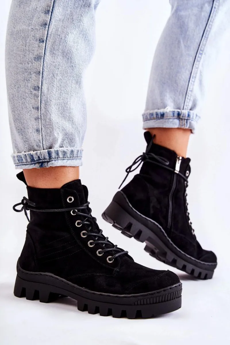 Best Zamszowe Wiosenne Botki Trapery Z Przeszyciami Czarne Layden Damskie Botki Wiosenne|Damskie Trapery